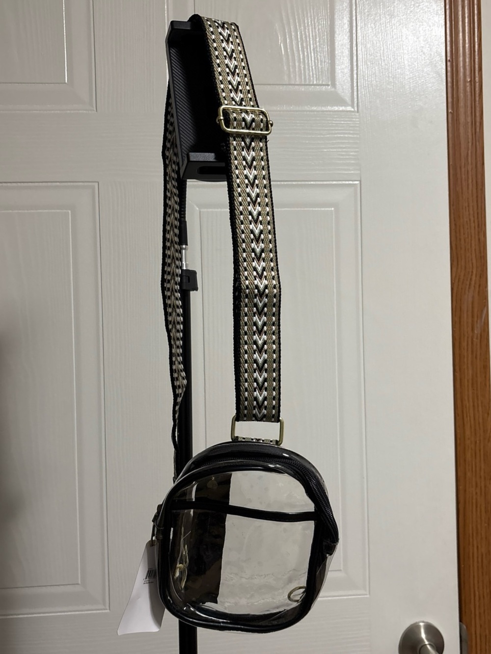 Clear Round Crossbody Bag with Black Trim and Patterned Strap